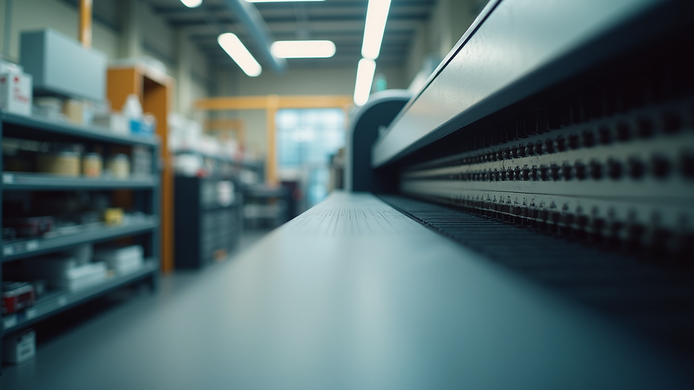 Eye-level view of a modern printing machine in an eco-friendly print shop