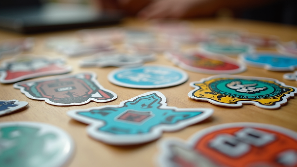 Close-up view of colorful custom stickers arranged on a wooden table