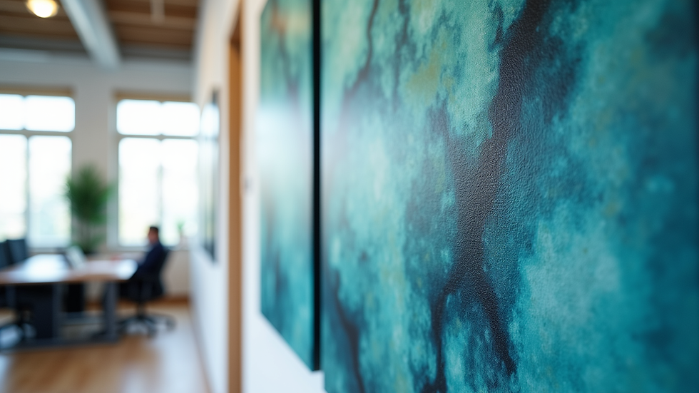 Close-up view of a canvas print featuring abstract art with blue and green tones in a corporate office