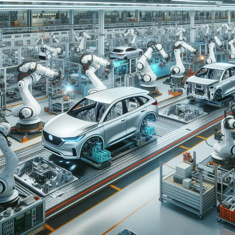 Generated image of an automated automotive line. Each robot may only work on the vehicle in front of it demonstrating an automotive Takt.