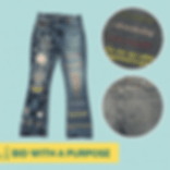 Denim jeans with colorful embroidery and text like #denimday, promoting empowerment. Background is light teal with "Bid With A Purpose" text.
