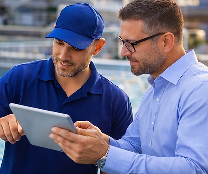 aquatic industry partners reviewing pool operations data on a tablet