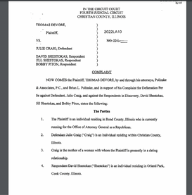 Thomas Devore defamation suit; respondents inc. Shestokas, Piton