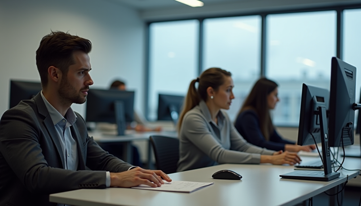 Vue rapprochée d'une salle de formation moderne à Bayonne avec des participants concentrés sur leurs ordinateurs