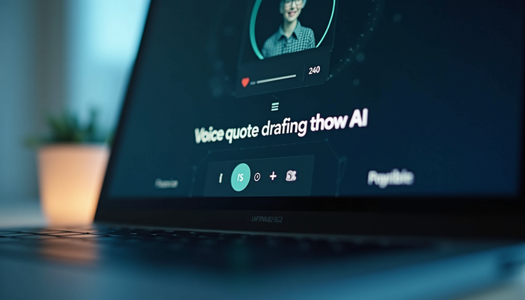 Vue rapprochée d’un écran affichant une interface de rédaction de devis vocaux avec Roz IA