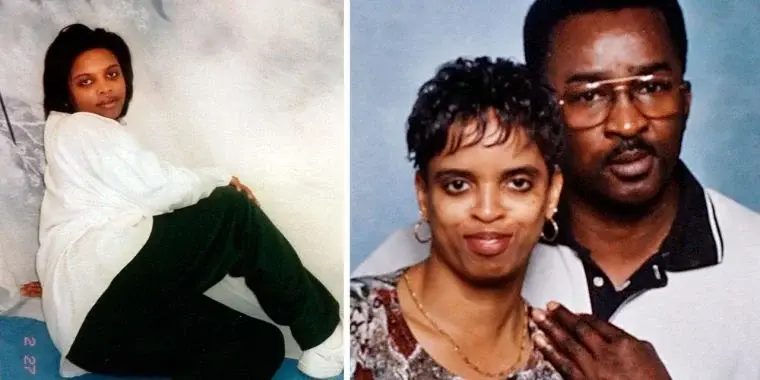 A woman in white poses on the left, wearing dark pants, against a neutral background. On the right, a couple smiles softly, with a blue backdrop.