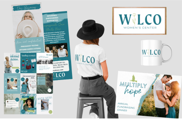 examples of rebrand materials including T-shirt, rack cards, and signs