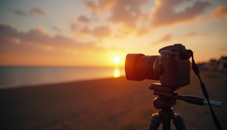 Eye-level view of a camera on a tripod overlooking a Lowestoft coastal scene at sunset