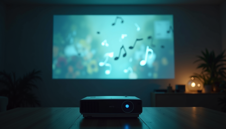 Eye-level view of a projector displaying a photographic slideshow with music notes around