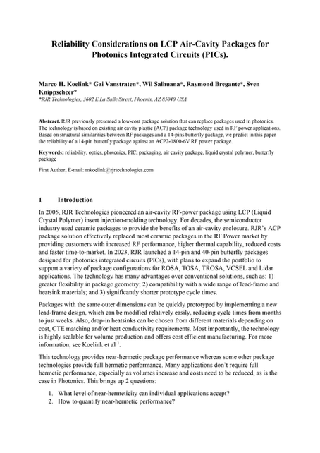 White paper cover on LCP air-cavity packages for photonics, highlighting design, reliability testing, and cost-effective near-hermetic performance by RJR Technologies.