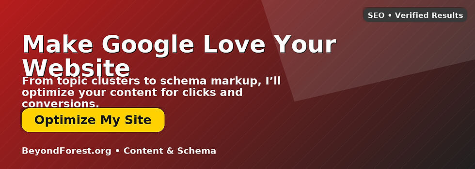 Red geometric background with white text: "Make Google Love Your Website." Yellow button reads "Optimize My Site." Mood: informative.