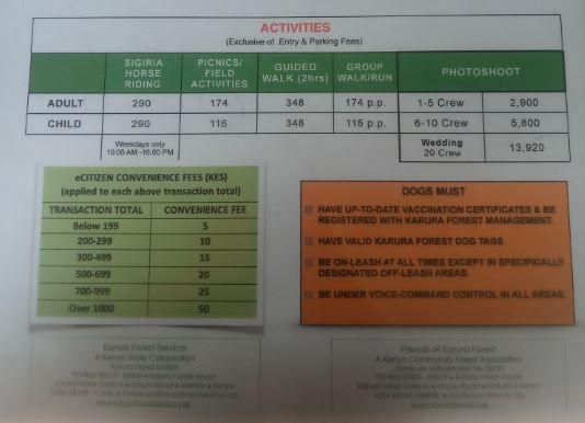 Pricing table for activities like horse riding and photoshoots. Includes convenience fees and dog guidelines on vaccination and leash rules.