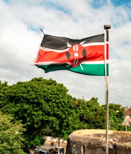 Kenyan flag waves atop a pole against a cloudy sky, with lush green trees and distant buildings in the background.