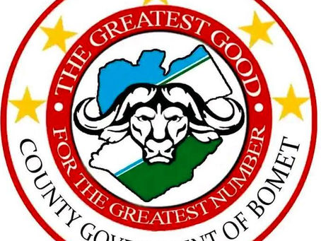 A logo for Bomet County Government features a buffalo, map design, and stars. Text: "The Greatest Good for the Greatest Number."