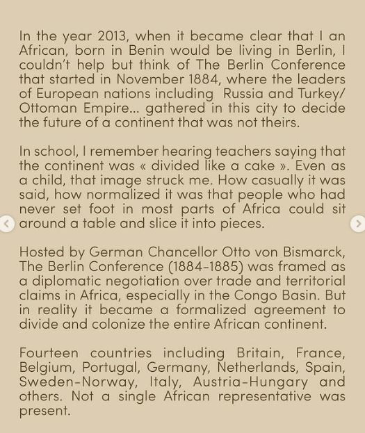 Text on beige page explains the 1884 Berlin Conference and how European powers divided Africa; no African representatives.