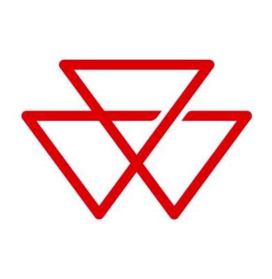 massey ferguson logo with three interlocking triangles on a white background. Bold lines and symmetrical design create a modern, abstract feel.