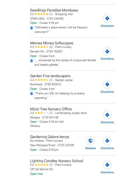 List of plant and landscaping businesses with ratings, addresses, operating hours, and contact info; includes options for directions and website.