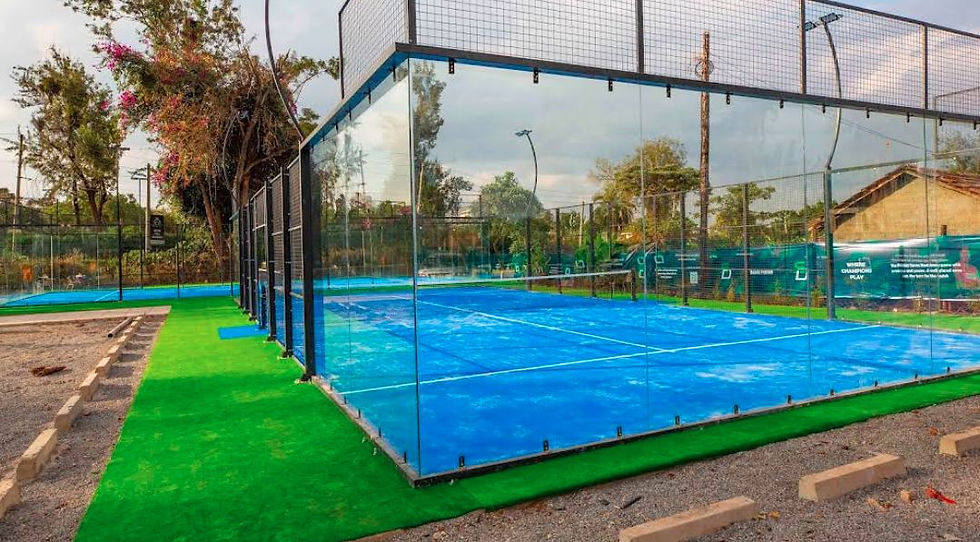Blue padel court with glass walls, surrounded by green turf and trees in the background. Overcast sky.