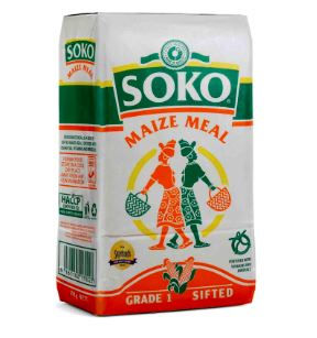 Bag of Soko Maize Meal with colorful design of two people. Text: "Grade 1 Sifted." Green, red, and orange colors dominate.
