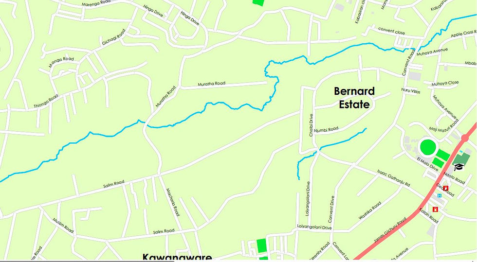 Map of Bernard Estate with labeled roads, blue stream lines, and a green location marker near Ndoto Road.