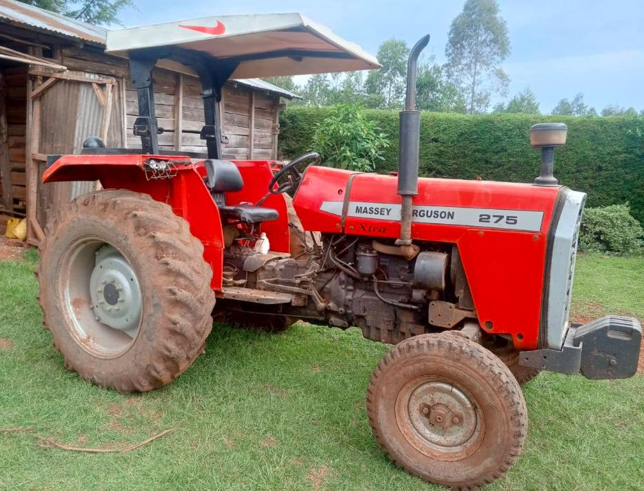 Red Massey Ferguson 275 tractor parked on grass, with a canopy and visible text. Wooden shed and green hedge in the background.