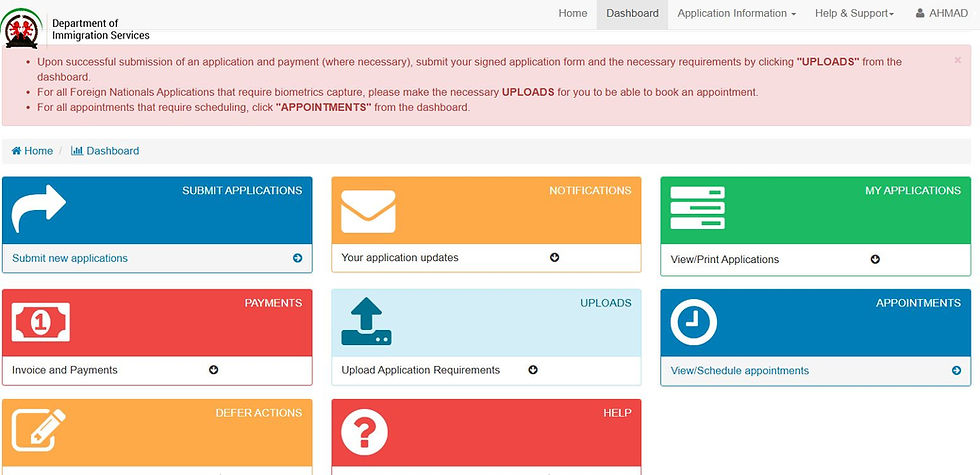 Immigration Services dashboard with sections: Submit Applications, Payments, Notifications, Uploads. Includes navigation menu and instructions.