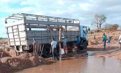 A truck stuck in mud with several people digging to free it. The setting is a rural road with puddles and a lone tree in the background.