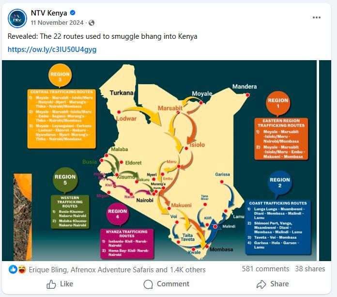 Map of Kenya showing 22 cannabis smuggling routes. Regions highlighted in orange, red, blue, green, and yellow. Text details routes.