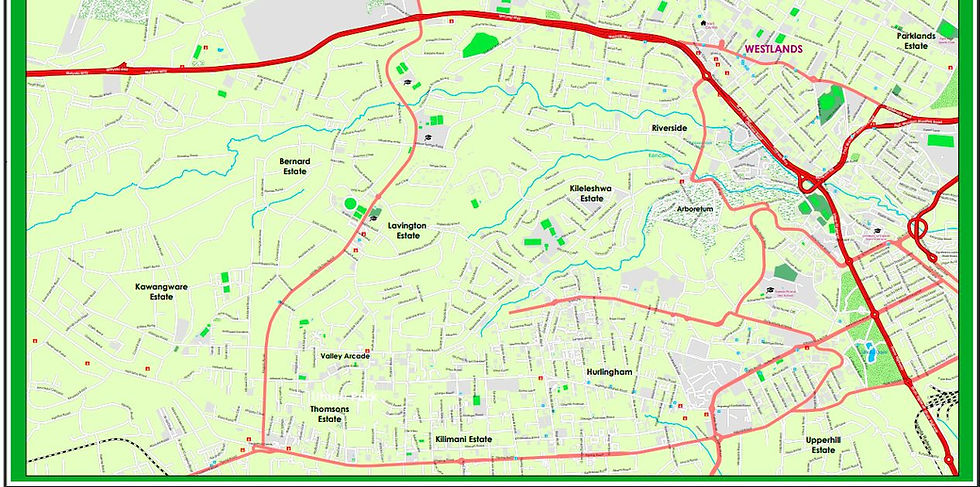 Detailed map of Nairobi neighborhoods with red highways, blue rivers, and labels like Westlands, Riverside, and Kileleshwa.