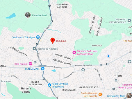 Map showing Thindigua with a red marker. Nearby locations: Windsor Golf Hotel, Runda Mall, and Paradise Lost. Roads and boundaries visible.