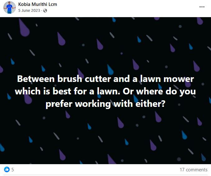 Text on black background with colorful raindrop pattern: "Between brush cutter and a lawn mower which is best for a lawn. Or where do you prefer working with either?"