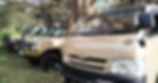 Safari vans lined up on grass, parked under trees INgare Ndare Forest. Beige color with a lion logo and "TSV" text. Sunny day, forested background.