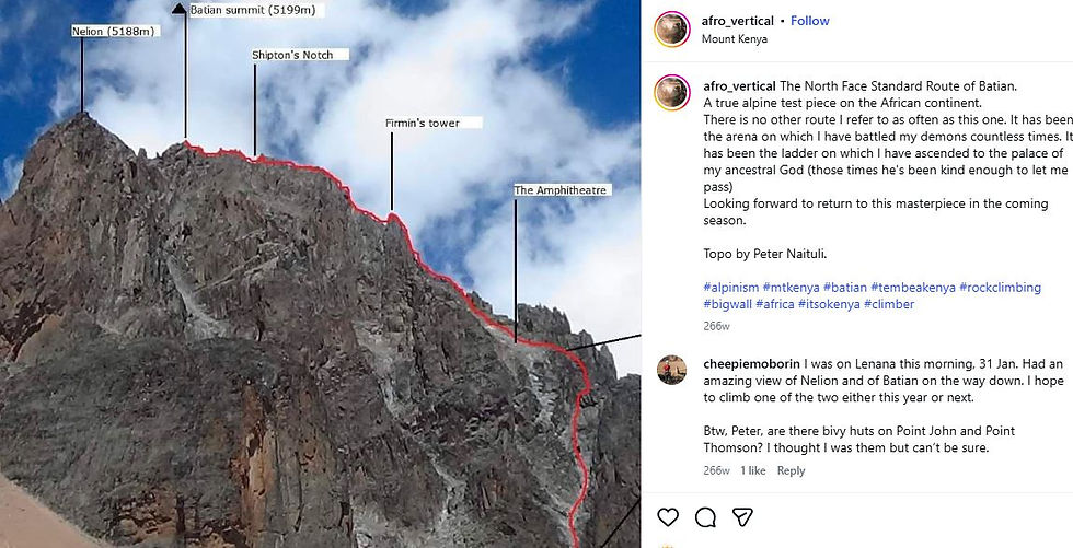 Rocky mountain with labeled peaks: Nelion, Batian summit, Shipton’s Notch, Firmin’s Tower. Blue sky and clouds background. Red route line visible.