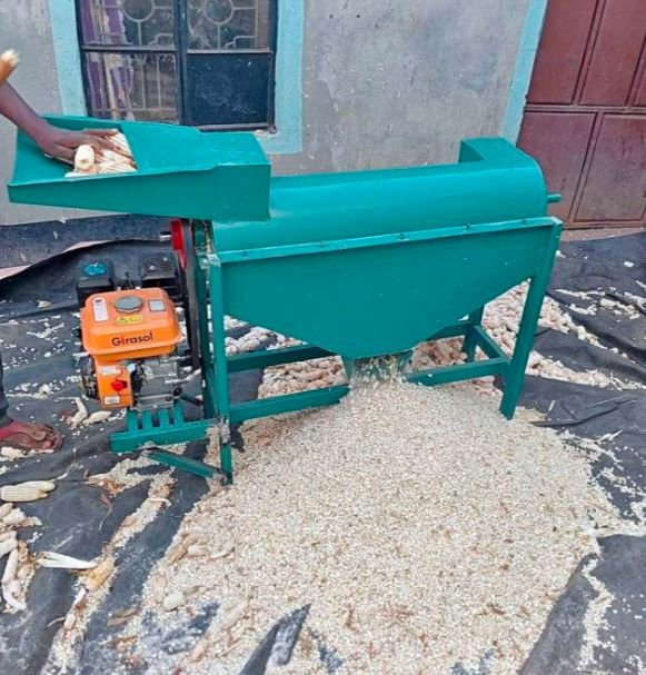 Green maize sheller in use, surrounded by corn cobs and kernels. An orange engine labeled "Girasol" is attached, set outdoors on a tarp.