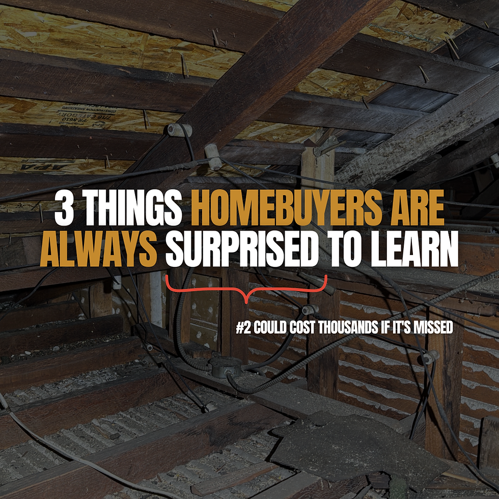 Dark attic crawlspace with exposed beams and wires, overlaid text: 3 Things Homebuyers Are Always Surprised to Learn #2 Could Cost Thousands