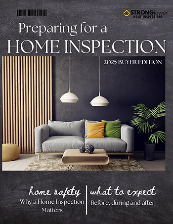 Cozy living room with gray sofa, colorful pillows, and a plant. Text: "Preparing for a Home Inspection, 2025 Buyer Edition" and inspection tips.