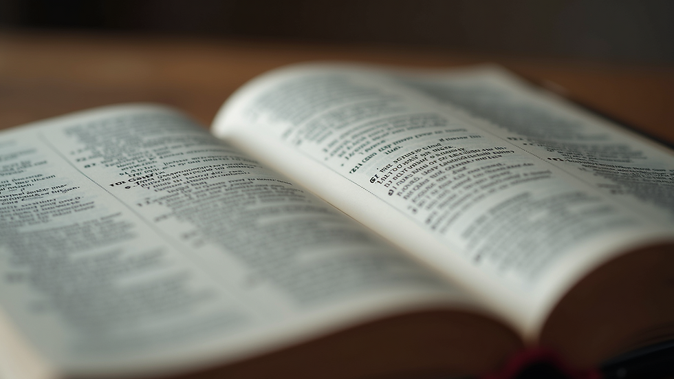 Close-up view of an open Bible on a wooden table