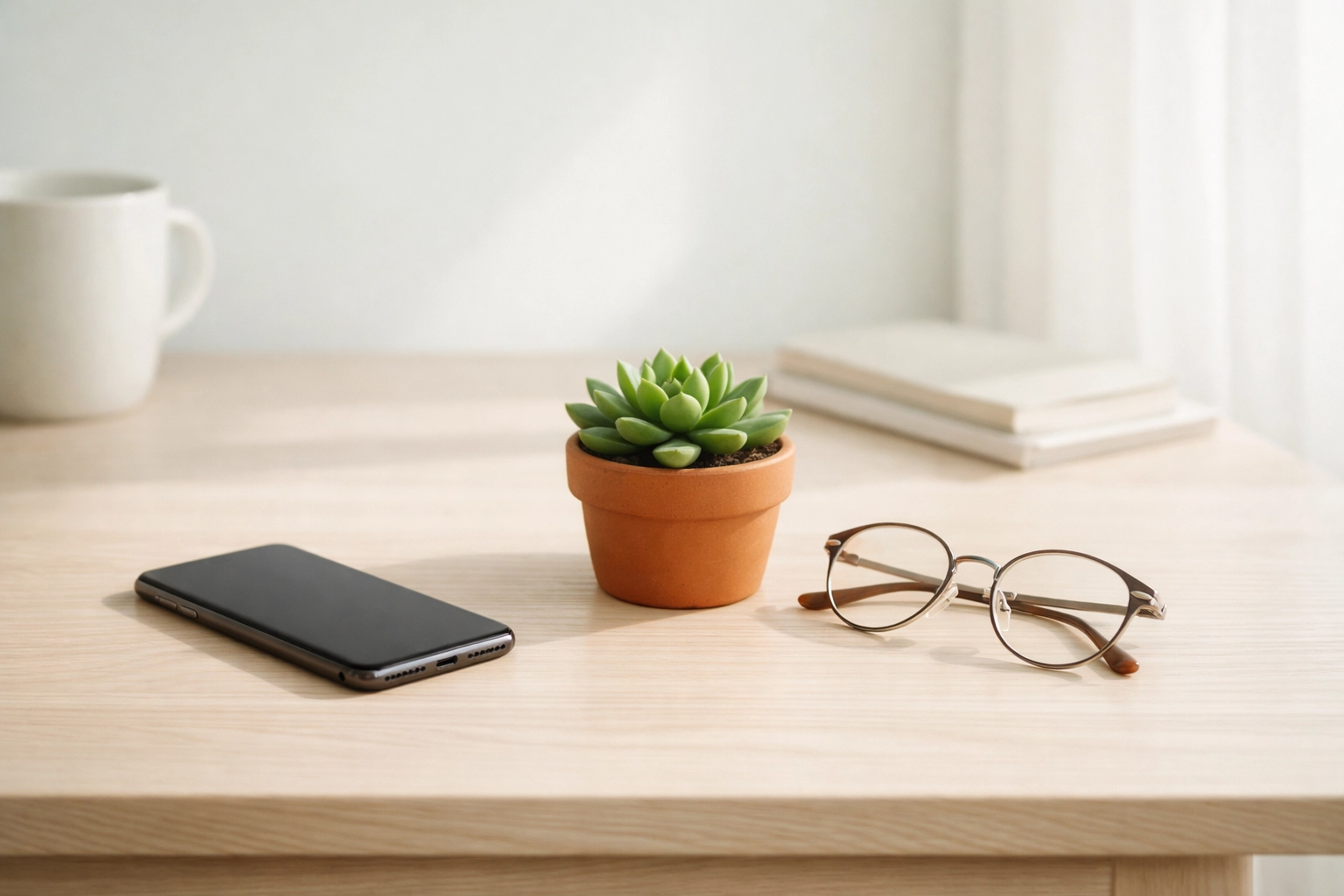 Smartphone placed face-down on a desk, representing digital boundaries and mental peace from the news.