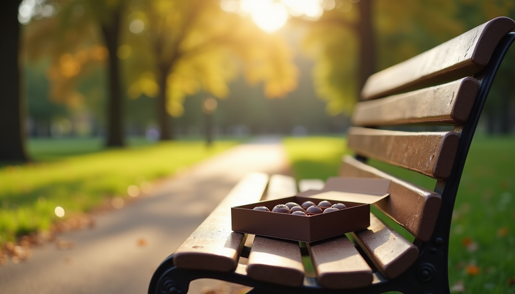 Eye-level view of a park bench with a box of chocolates resting on it