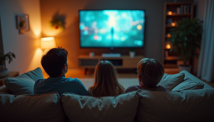 High angle view of a family sitting together on a couch watching a movie