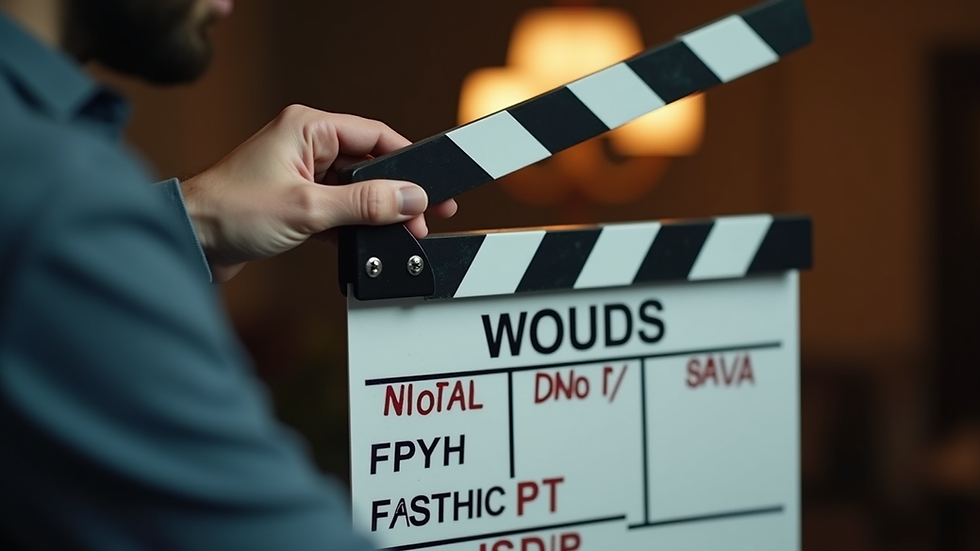 Close-up view of a film clapperboard on a movie set with faith-based themes