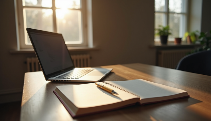 Eye-level view of a writer’s desk with notebooks and a laptop in Cordova