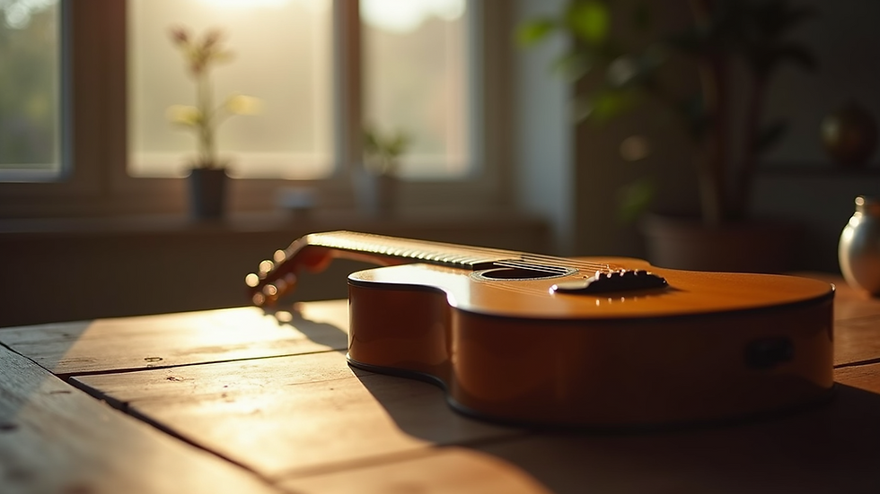 Close-up view of a guitar resting on a wooden table with soft natural light