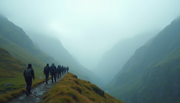 Wide angle view of a misty mountain range with a small group of travelers walking along a narrow path
