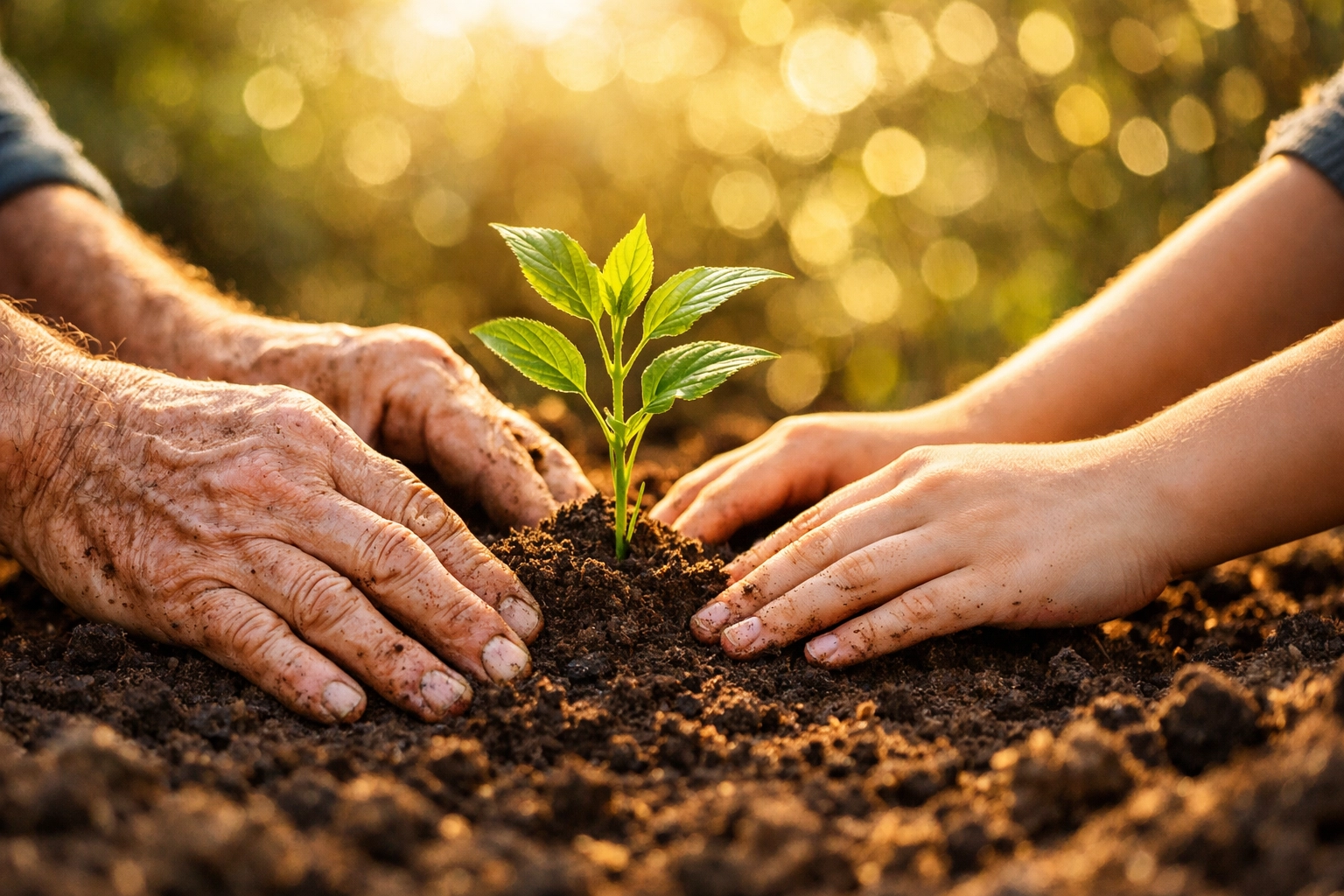Hands planting a sapling together, showing how to turn world news anxiety into helpful community action.