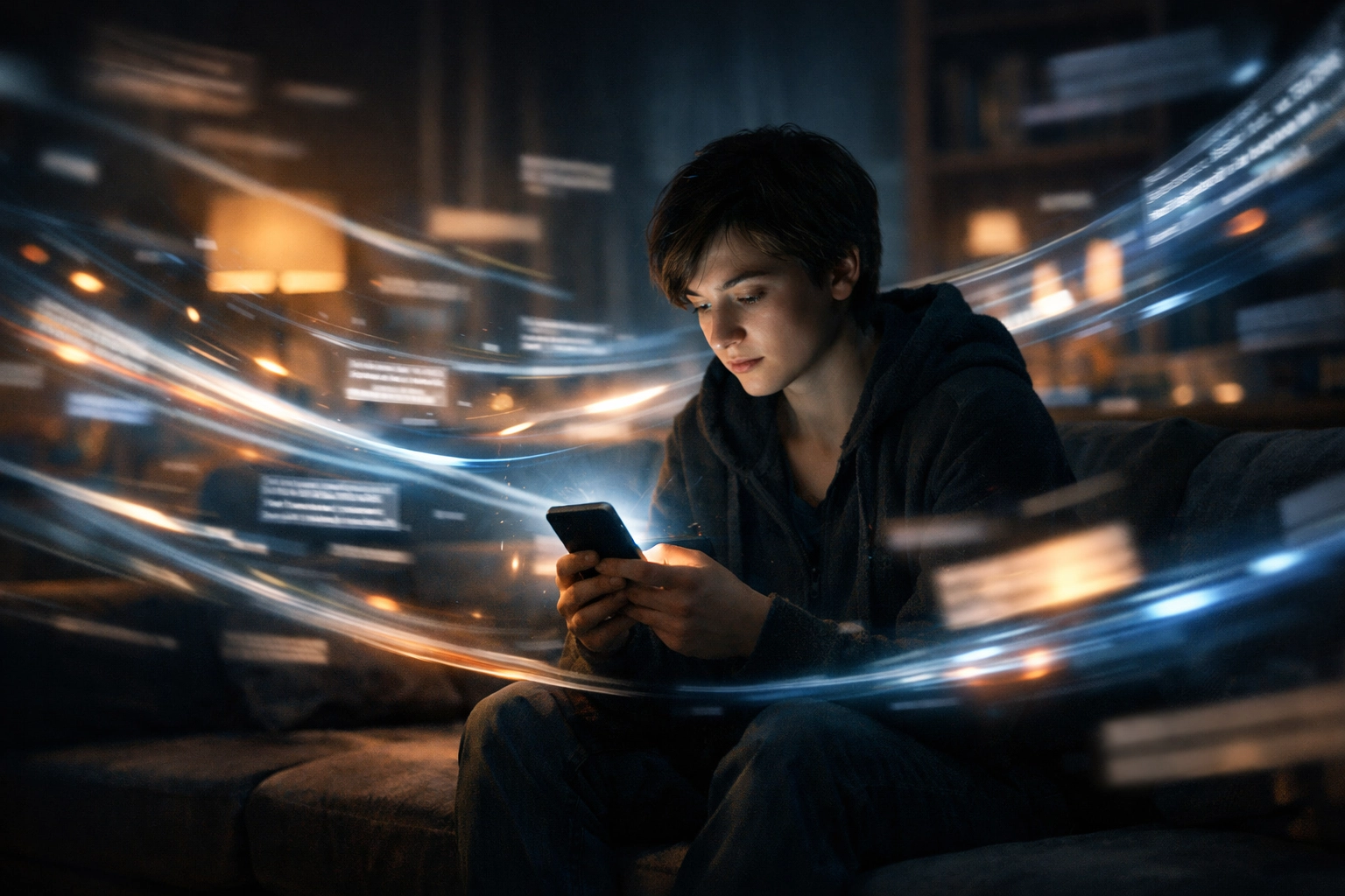 Person feeling overwhelmed by smartphone news headlines, illustrating the stress of the modern news cycle.