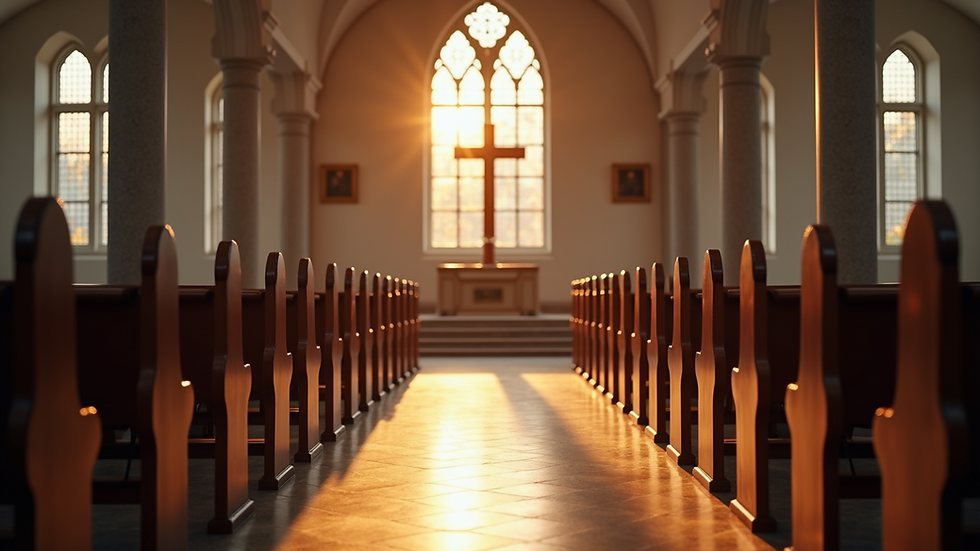 Eye-level view of a quiet church interior with an empty altar