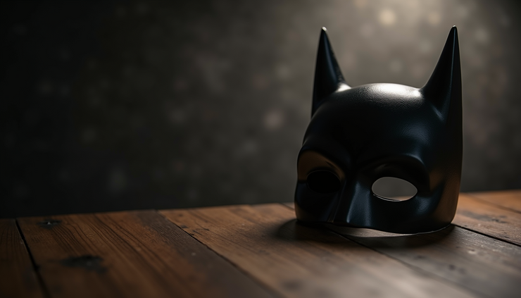 Close-up of Batman’s mask resting on a table, symbolizing identity and sacrifice