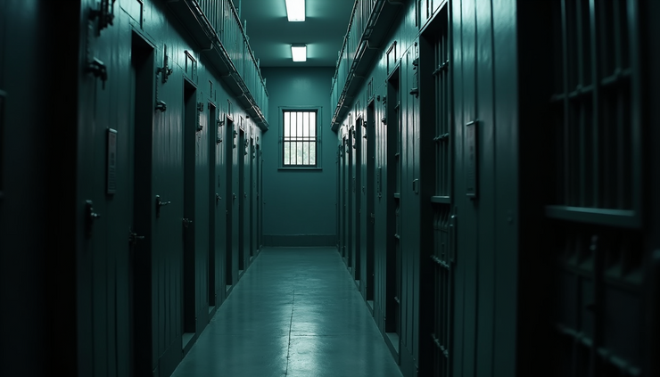 Eye-level view of a prison cell block with barred windows and dim lighting