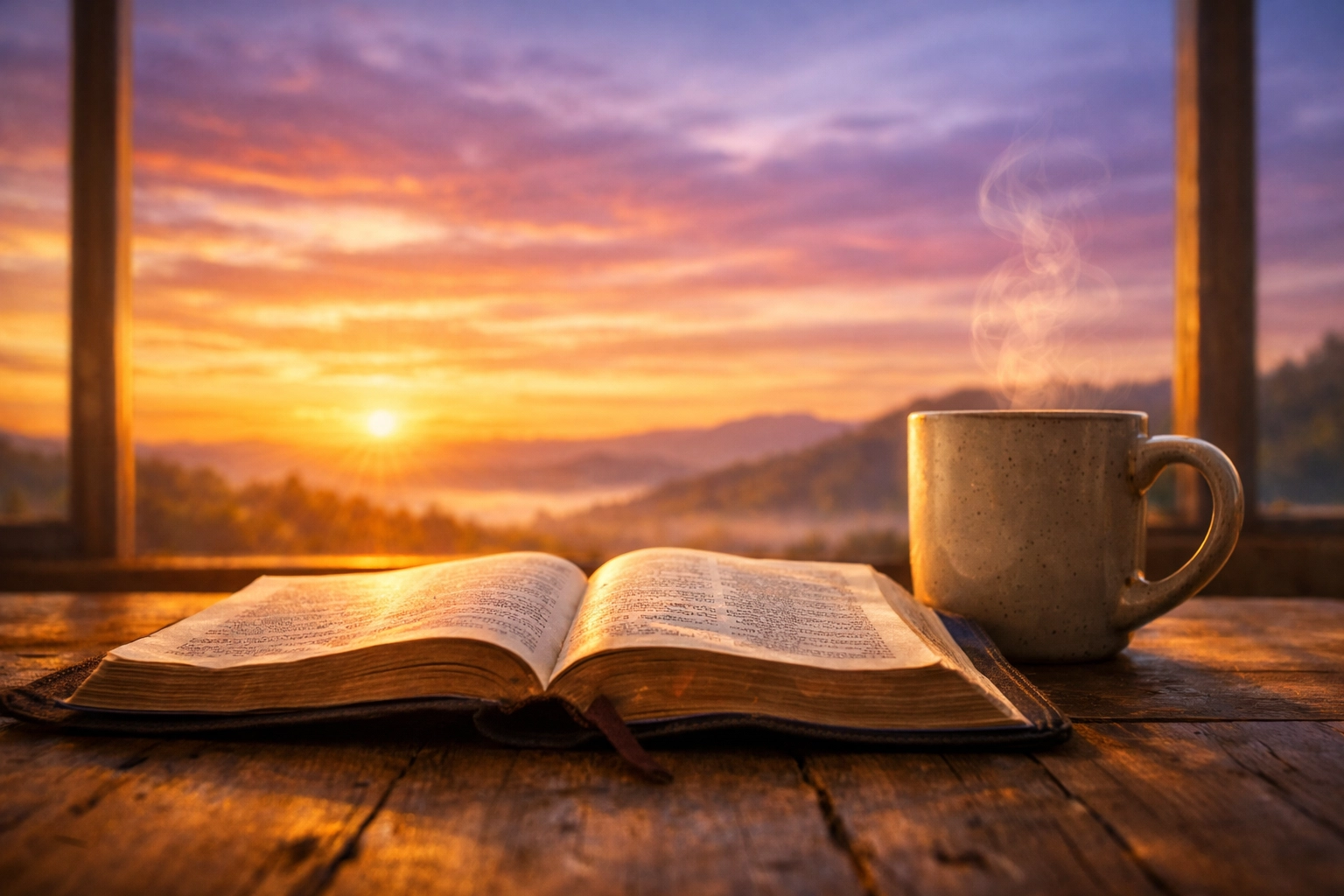 Open Bible on a desk at sunrise, symbolizing spiritual peace and biblical perspective on global news.